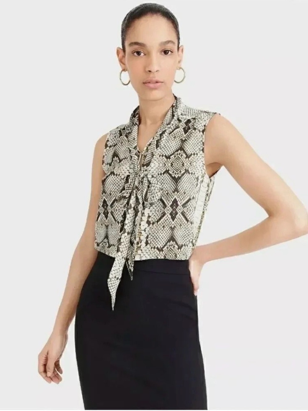 J. Crew Sleeveless Snake Print Tie-Neck Blouse
